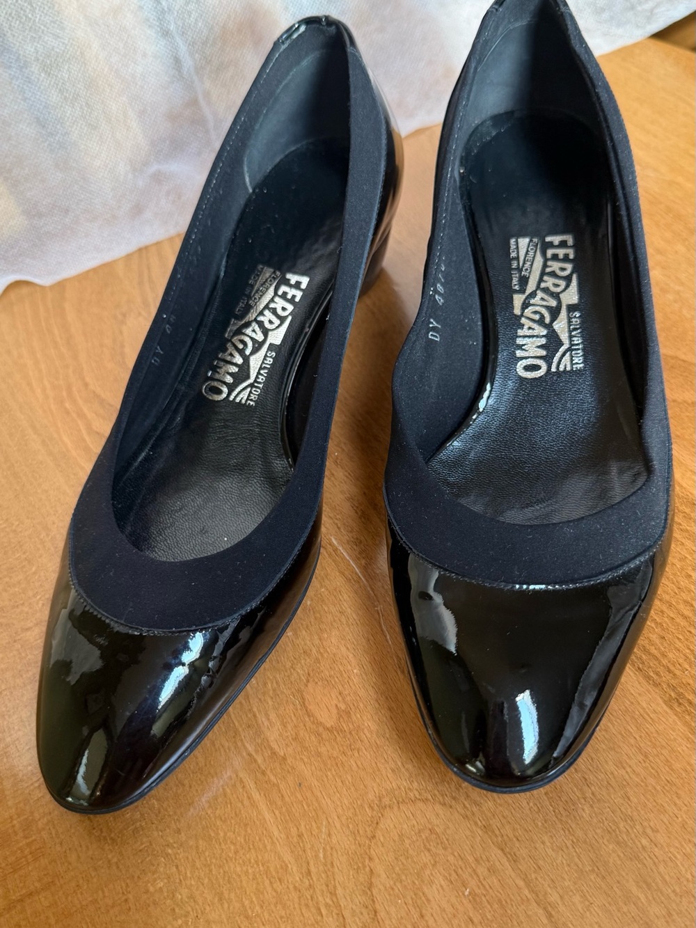Salvatore Ferragamo Black Patent Leather Round-Toe Pumps
